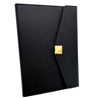 Elegante premium cadeauset met personalisatie – leren A5-notitieboek, pen en USB-stick 16GB in zwart-gouden doos