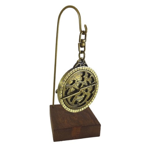 Miniatuur-astrolabium H81 op houten voet met mogelijkheid tot personalisatie met gravure - elegant decoratief element als cadeau voor een astronomieliefhebber, hoogte 13 cm, diameter 4,5 cm, uitzonderlijke afwerking met oog voor detail