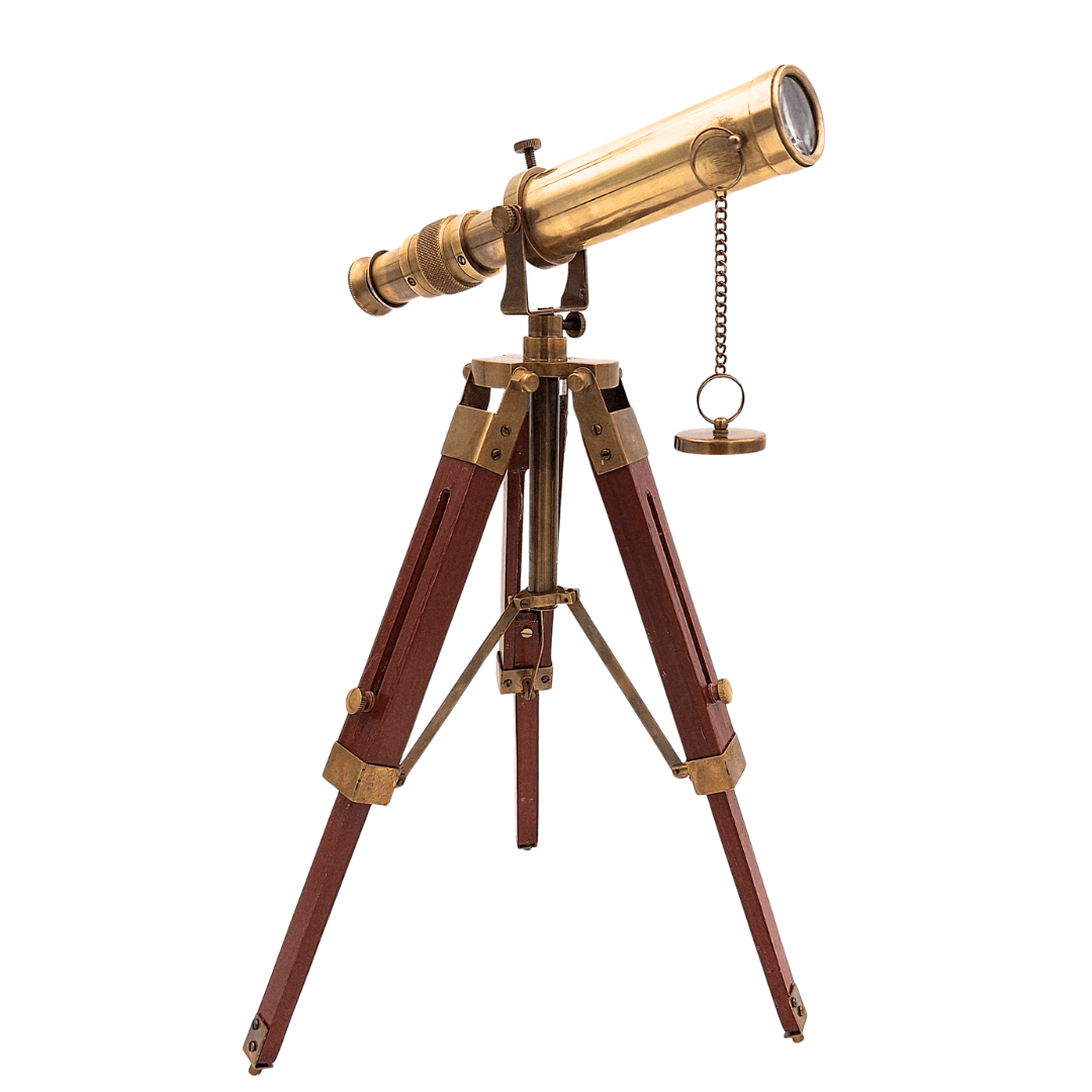 Retro messing telescoop op houten driepoot met verstelbare hoogte en graveeroptie