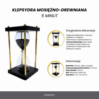 Messing-houten zandloper 5 minuten met zwart zand met mogelijkheid tot personalisatie met gravure – elegante retrodecoratie als cadeau met een hoogte van 16 cm