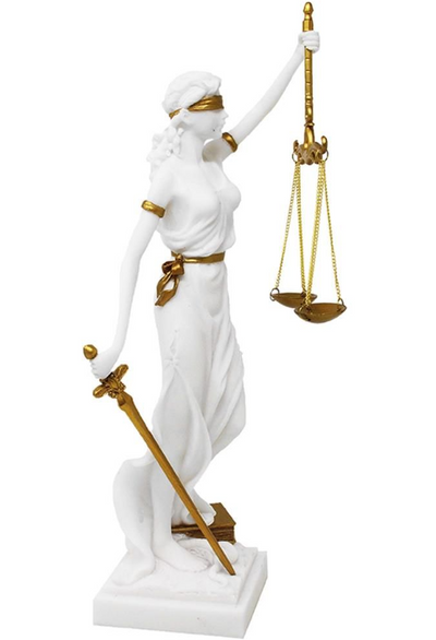 Beeldje van Vrouwe Justitia met mogelijkheid tot personalisatie met gravure - elegant cadeau voor een advocaat, rechter of rechtenstudent, wit met gouden accenten, hoogte 35 cm, handbeschilderd van polyresin