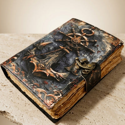 Retro maritiem leren notitieboek 200 pagina’s met mogelijkheid tot personalisatie met gravure, ideaal als cadeau voor kunstenaars en reizigers, gemaakt van natuurlijk geitenleer, in vintagekleur, afmetingen 18 x 13 cm
