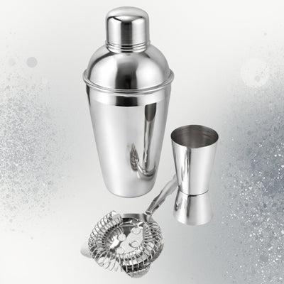 Barmanset Steel 3-delig met mogelijkheid tot personalisatie met gravure - shaker 750 ml, jigger 15/30 ml, strainer - elegant cadeau voor cocktailliefhebbers, roestvrij staal, zilverkleurig
