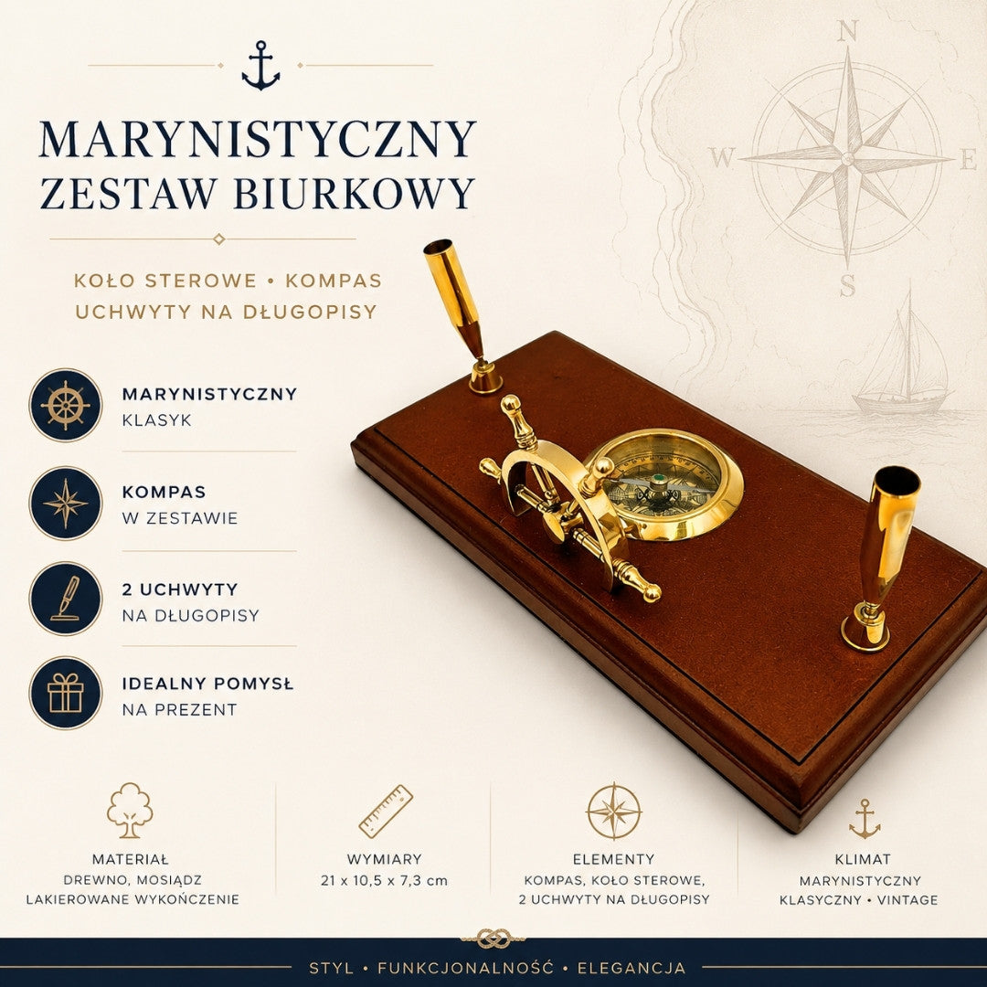 Maritieme bureauset met gravure – stuurwiel, kompas, pennenhouders van gepolijst hout en messing