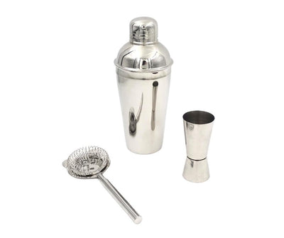 Barmanset Steel 3-delig met mogelijkheid tot personalisatie met gravure - shaker 750 ml, jigger 15/30 ml, strainer - elegant cadeau voor cocktailliefhebbers, roestvrij staal, zilverkleurig