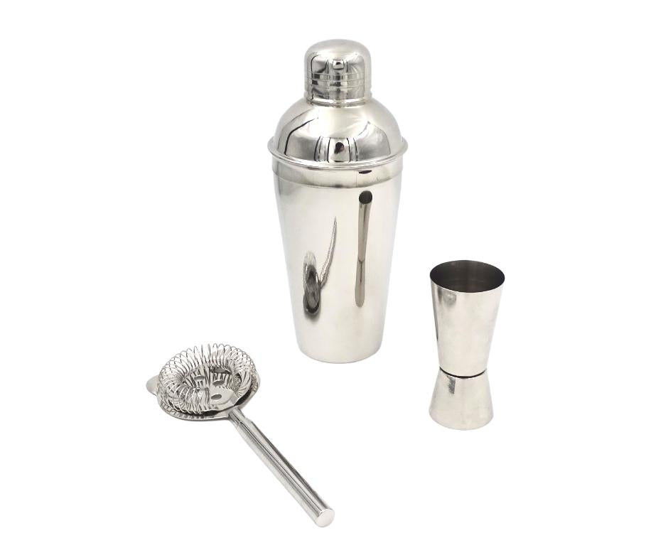 Barmanset Steel 3-delig met mogelijkheid tot personalisatie met gravure - shaker 750 ml, jigger 15/30 ml, strainer - elegant cadeau voor cocktailliefhebbers, roestvrij staal, zilverkleurig
