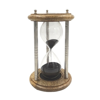 Messing-houten zandloper 10 min met gravure - elegant cadeau in zwart, hoogte 25 cm, gemaakt van metaal, glas en mangohout