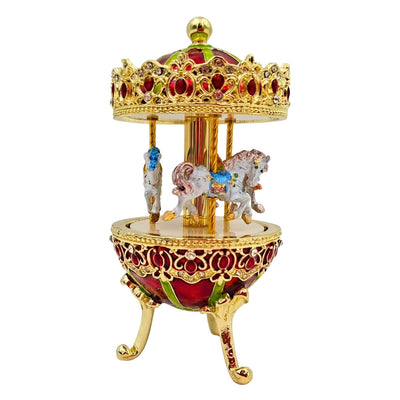 Muzikale carrousel-speeldoos met gravure - elegante decoratie in goud en rood, 14 cm
