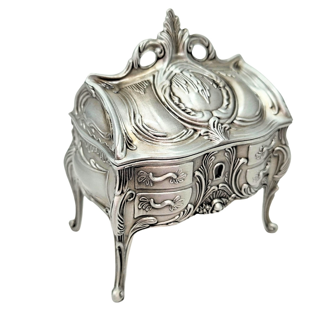 Metalen zilveren retro sieradendoosje 2056M met graveermogelijkheid - elegant cadeau voor Moederdag of verjaardag, afmetingen 9,7 x 10 x 6,7 cm, rococostijl met florale ornamenten