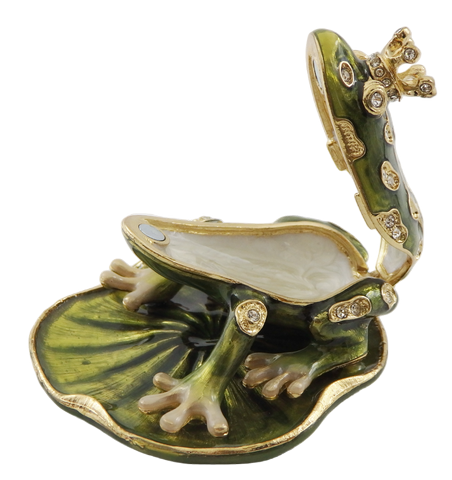 Exclusief metalen doosje in de vorm van een kikker met kristallen, donkergroen en goud, mogelijkheid tot personalisatie door gravure, ideaal als cadeau, afmetingen 6,5x6,7x4,5 cm