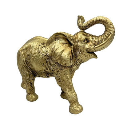 Gouden olifant met opgeheven slurf - Elegant decoratief beeldje met mogelijkheid tot personalisatie met gravure, ideaal als cadeau - Hoogte 20,5 cm, materiaal polyresin