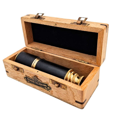 Elegante messing retro maritieme verrekijker met personalisatiemogelijkheid door gravure in houten kistje
