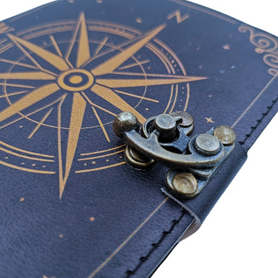 Leren notitieboek Kompasroos Retro zwart goud met gepersonaliseerde gravure