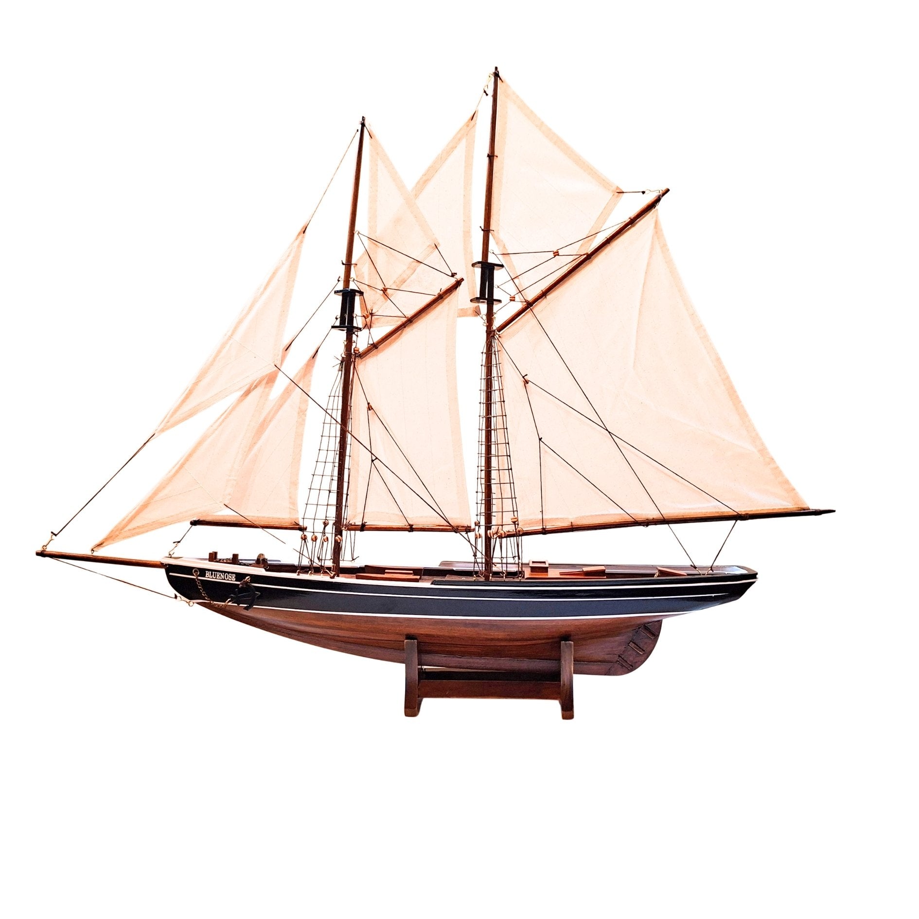 Model van schoener Bluenose 78 cm met gravure - elegante maritieme decoratie van hout als cadeau voor liefhebbers van zeilen en maritieme geschiedenis, met natuurlijke zeilen