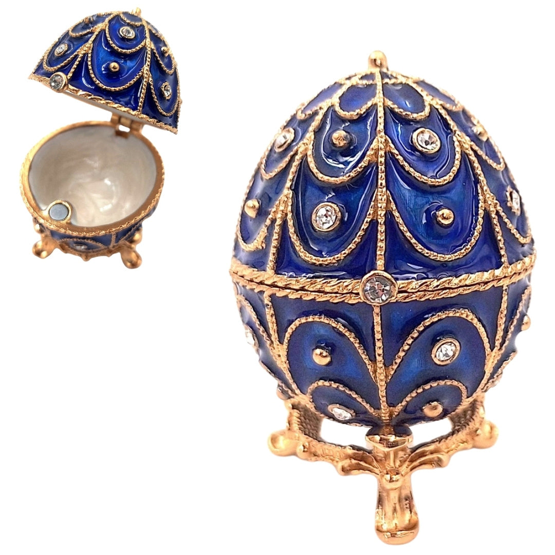 Exclusief metalen doosje met kristalletjes in de vorm van een Fabergé-ei, marineblauw-goud, 5,5x6,5cm met mogelijkheid tot personalisatie door gravure