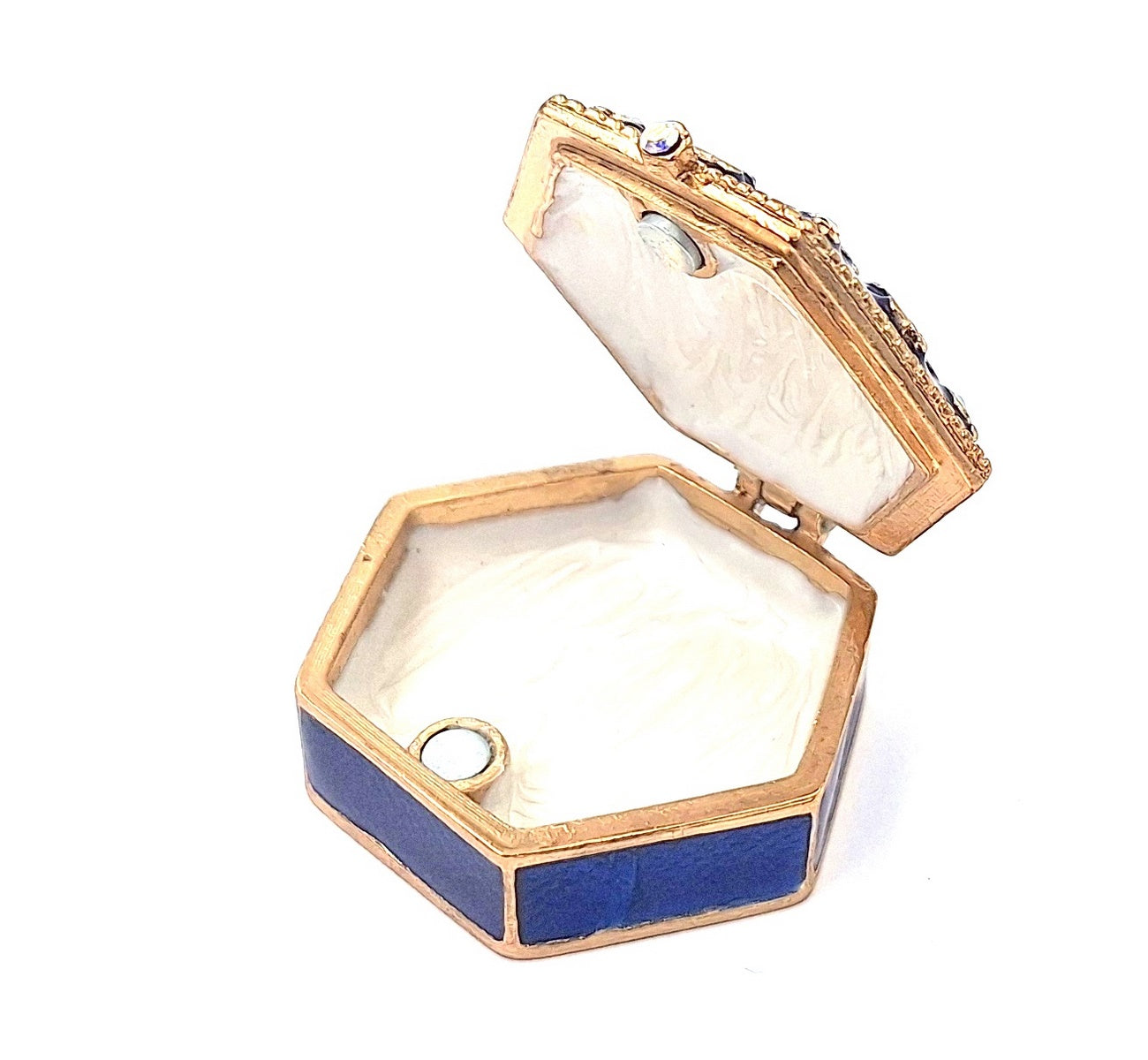 Elegant metalen geschenkdoosje met kristalletjes B0035-08BL in marineblauw-gouden kleurstelling met mogelijkheid tot personalisatie door gravure