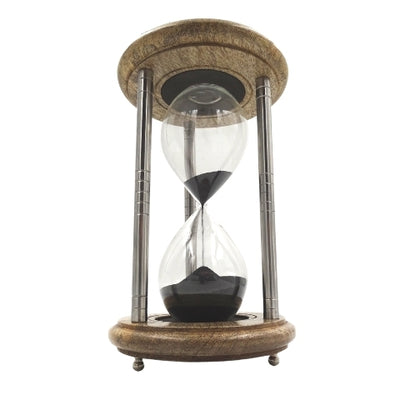 Messing-houten zandloper 10 min met gravure - elegant cadeau in zwart, hoogte 25 cm, gemaakt van metaal, glas en mangohout
