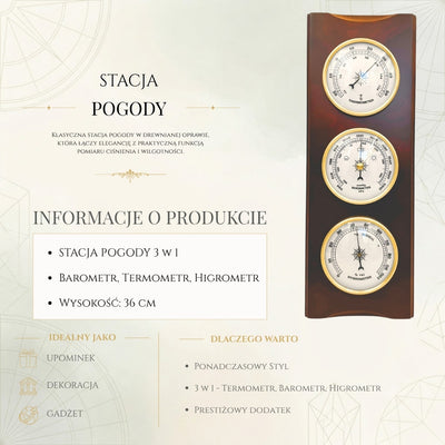 Elegant retro-weerstation 36cm met gravure – barometer, thermometer, hygrometer in houten behuizing