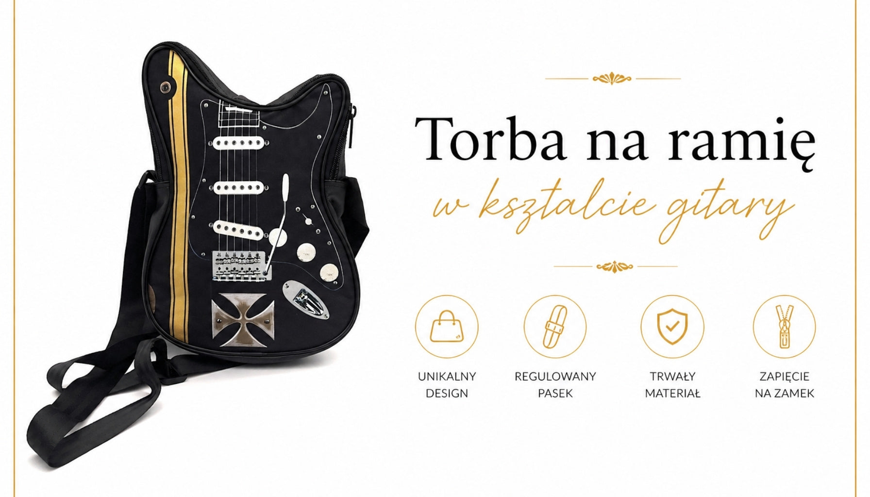 Schoudertas in de vorm van een gitaar met Maltezer kruis - gepersonaliseerd cadeau voor een gitarist