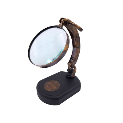 Elegante loep op houten voet met verstelling, mogelijkheid tot personalisatie met gravure, ideaal als cadeau, hoogte 20 cm, vergrootglas 10 cm, messing behuizing en arm