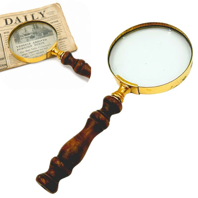Retro messing loep met houten handvat - vergrootglas 18 cm met personalisatiemogelijkheid door gravure