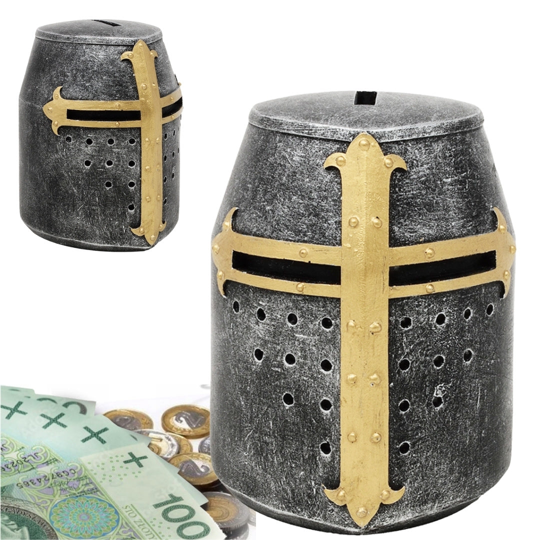 Spaarpot kruisridderhelm met personalisatie met gravure – uniek cadeau in middeleeuwse stijl, hoogte 10 cm, handbeschilderd, van polyresin