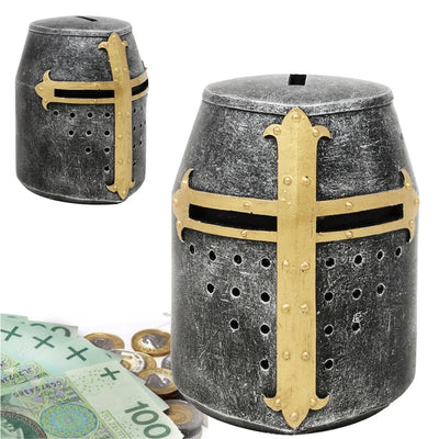 Spaarpot kruisridderhelm met personalisatie met gravure – uniek cadeau in middeleeuwse stijl, hoogte 10 cm, handbeschilderd, van polyresin