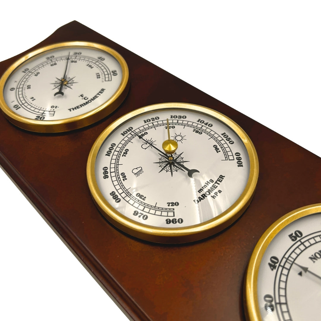 Elegant retro-weerstation 36cm met gravure – barometer, thermometer, hygrometer in houten behuizing