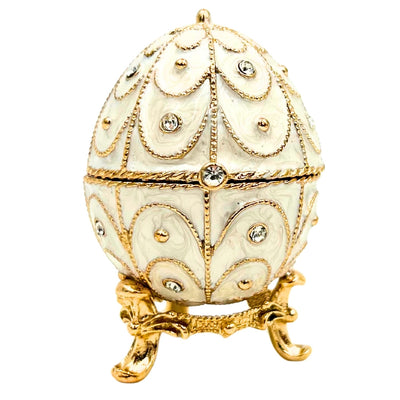 Exclusief metalen Fabergé-ei-sieradendoosje met kristalletjes in wit-goud met mogelijkheid tot personalisatie met gravure