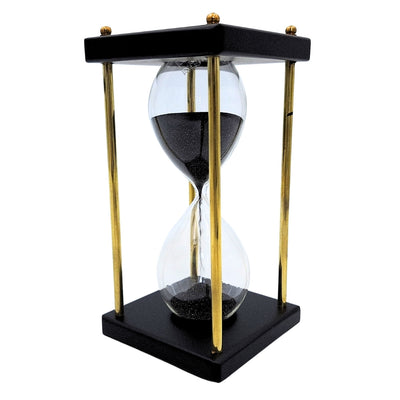 Messing-houten zandloper 5 minuten met zwart zand met mogelijkheid tot personalisatie met gravure – elegante retrodecoratie als cadeau met een hoogte van 16 cm