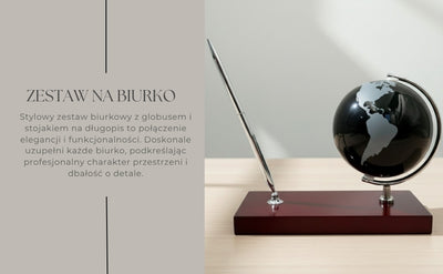 Elegante decoratieve bureauset met gepersonaliseerde gravure - globe, pennenhouder van verchroomd metaal en donker hout