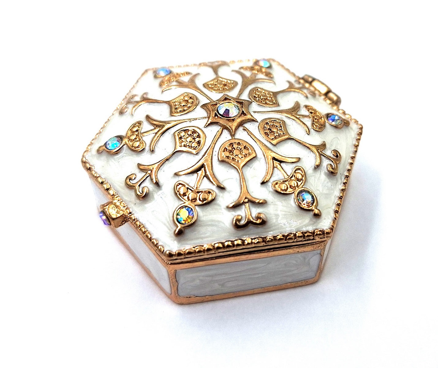 Elegant metalen geschenkdoosje met kristalletjes B0035-08WH, wit-goud, mogelijkheid tot personalisatie door gravure, ideaal voor sieraden en kleine voorwerpen, 5x5x2cm