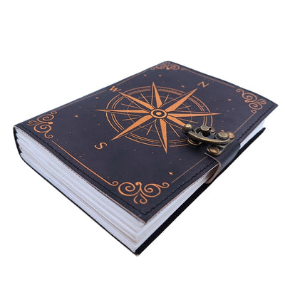 Leren notitieboek Kompasroos Retro zwart goud met gepersonaliseerde gravure