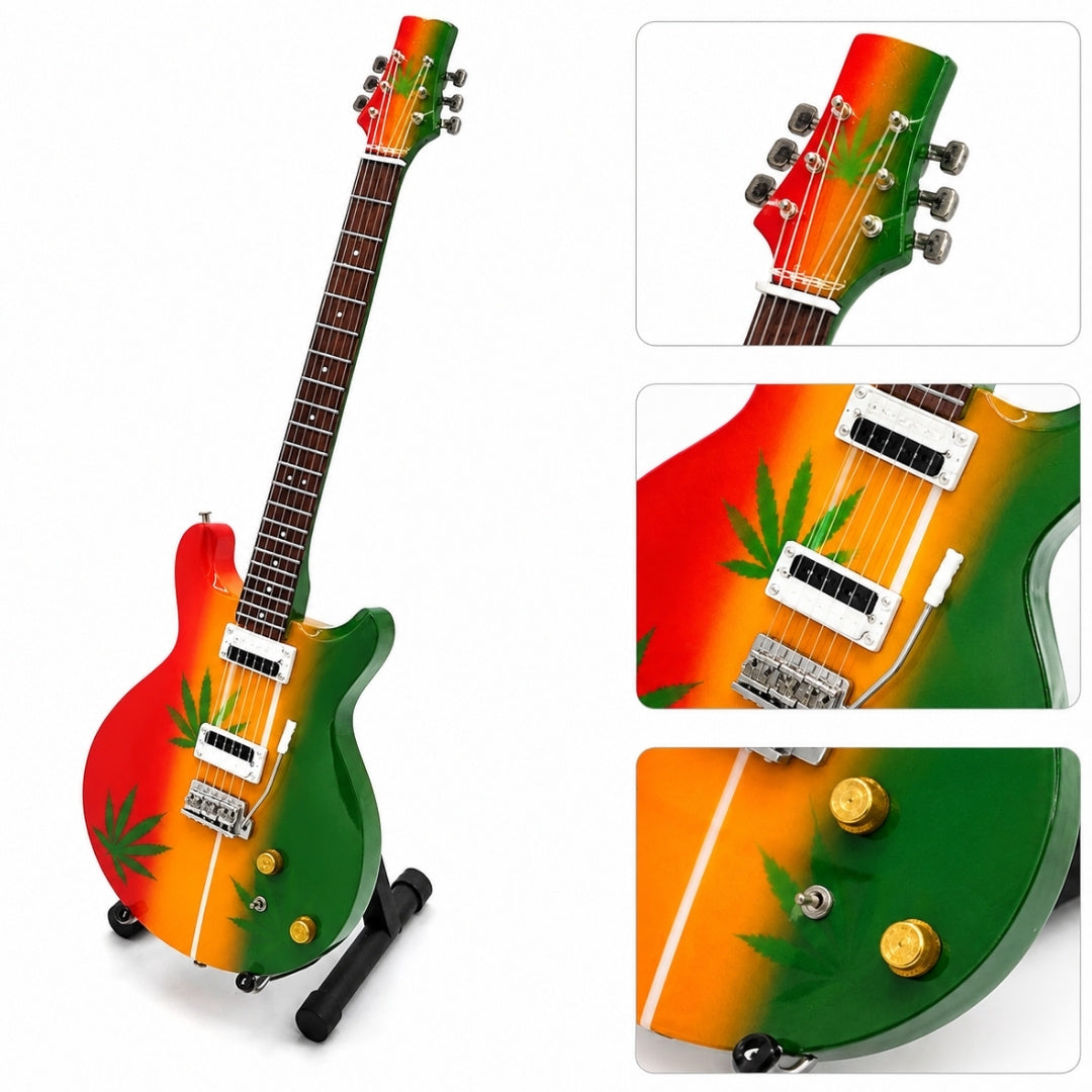 Mini-gitaar Bob Marley Tribute Ganja MGT-0468 met mogelijkheid tot personalisatie met gravure, ideaal cadeau voor reggaefans, handgemaakt van mahoniehout, hoogte 27,5 cm, geel, rood, groen, wit