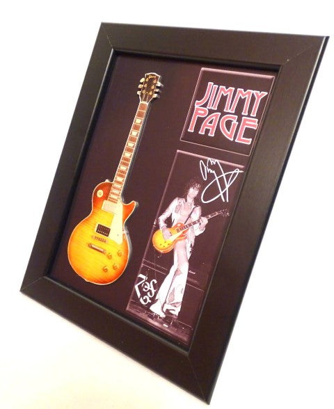 Mini-gitaar in Jimmy Page-stijl met lijst FMG-012, mogelijkheid tot personalisatie met gravure, ideaal als cadeau, houten lijst 1,3cm x 16cm x 21,4cm, stalen mini-gitaar om neer te zetten of aan de muur te hangen
