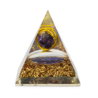 Middelgrote orgonietpiramide met amethist en koper 7x6 cm