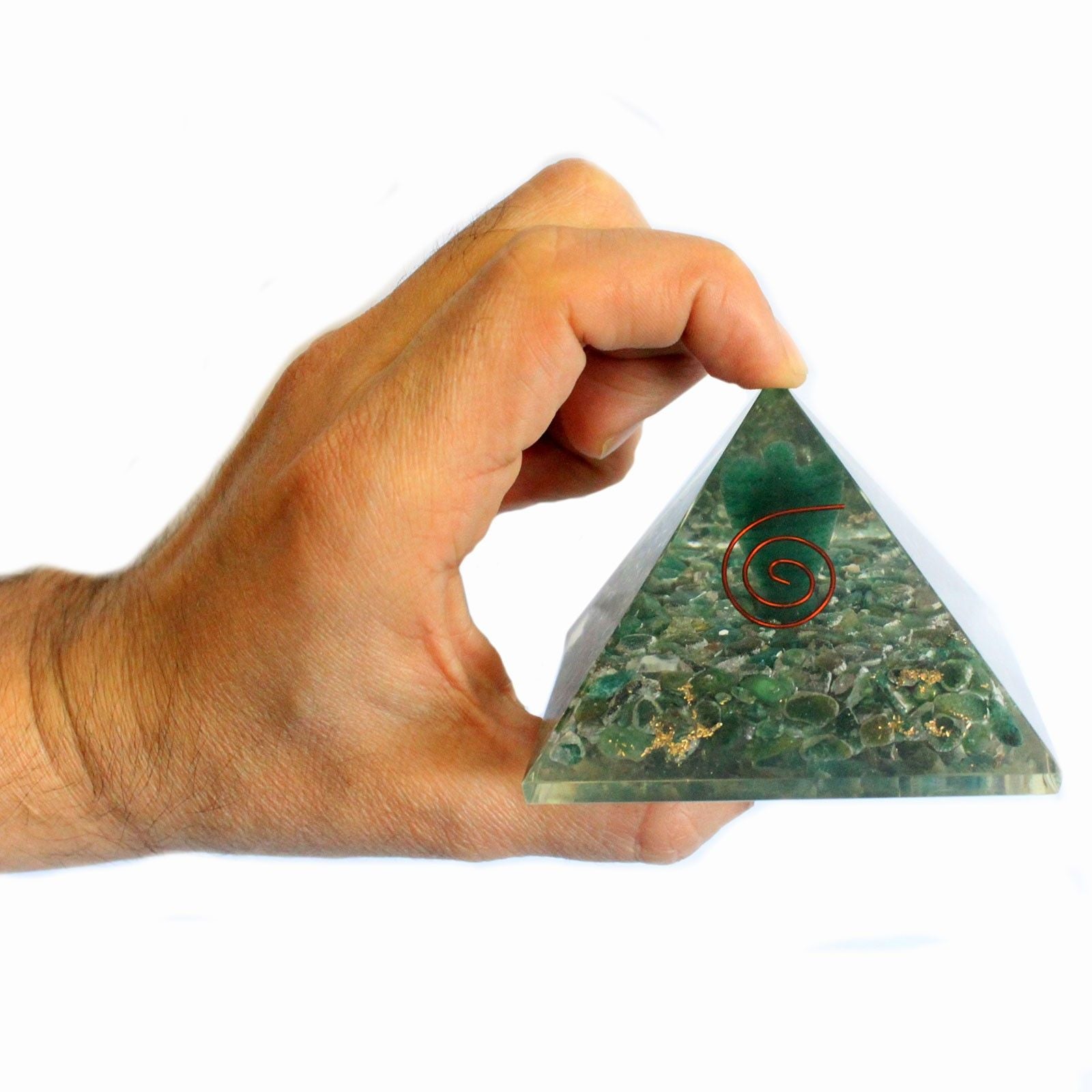 Magische orgonietpiramide 70 mm - engel met esoterische objecten, groenachtig interieur en handmatige afwerking