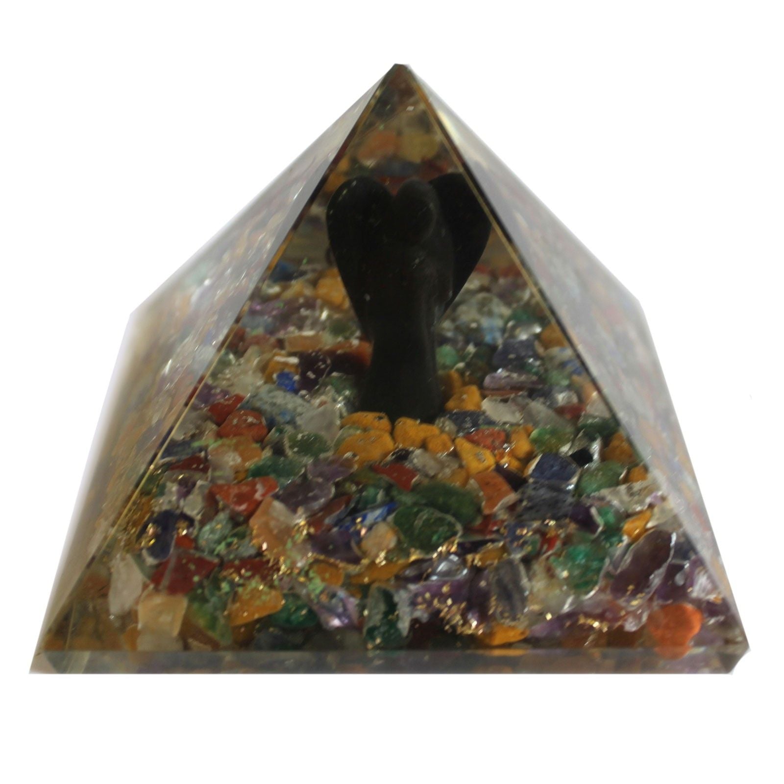 Magische orgonietpiramide 70 mm - engel met esoterische objecten, groenachtig interieur en handmatige afwerking