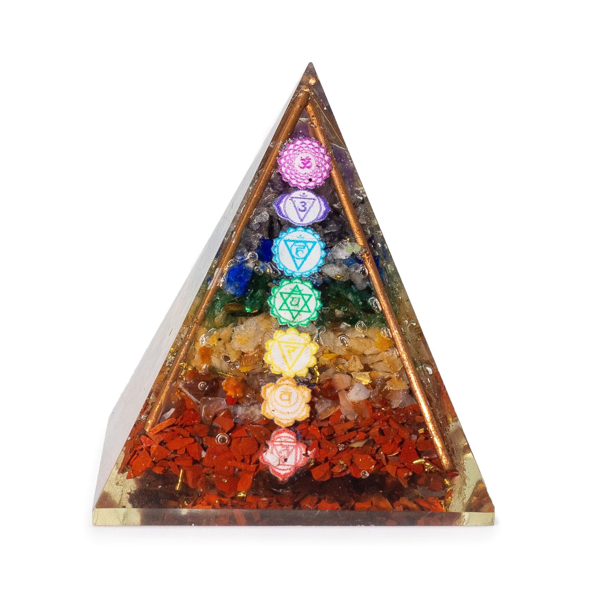 Middelgrote orgonietpiramide 7x6 cm met koperen staven en 7 chakrastenen - veelkleurig element voor energetische harmonie als cadeau