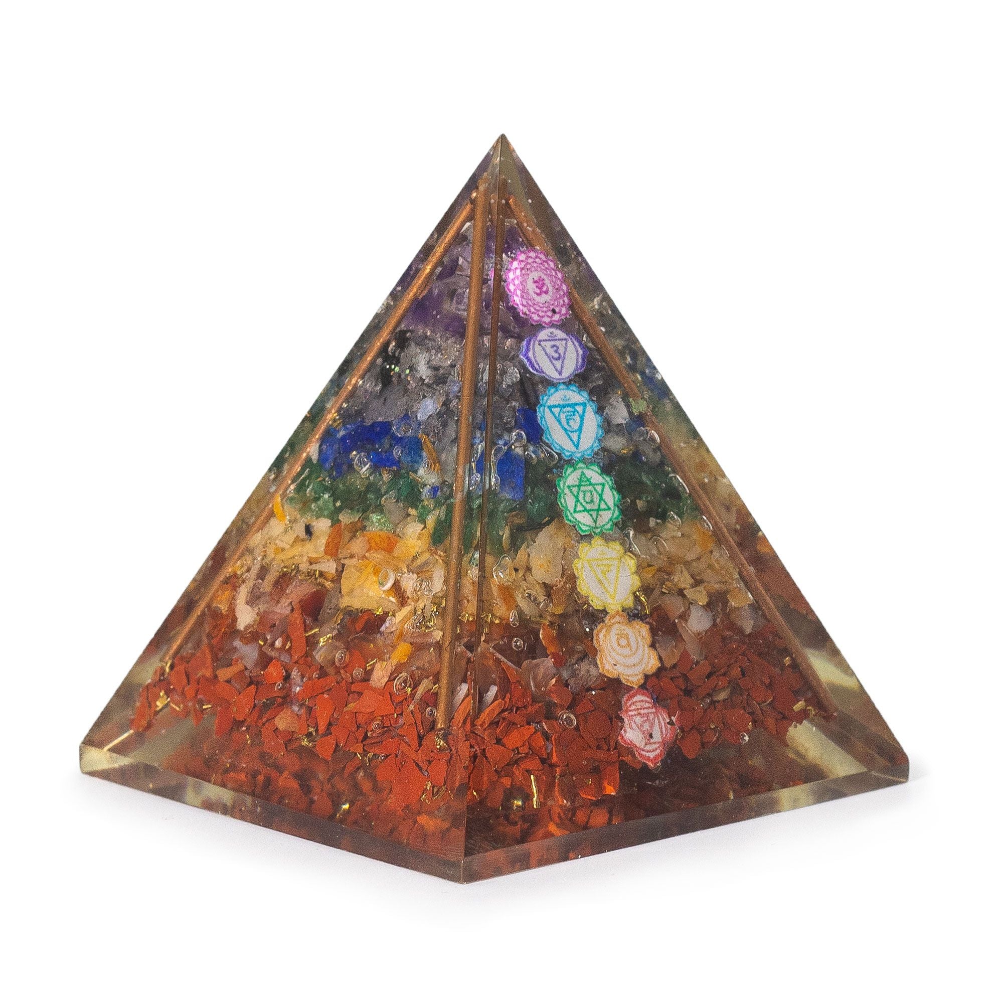 Middelgrote orgonietpiramide 7x6 cm met koperen staven en 7 chakrastenen - veelkleurig element voor energetische harmonie als cadeau