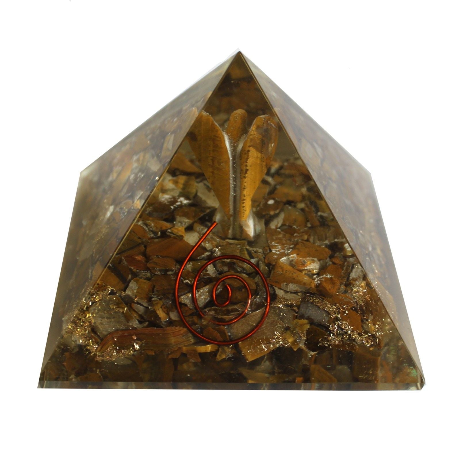 Magische orgonietpiramide 70 mm - engel met esoterische objecten, groenachtig interieur en handmatige afwerking