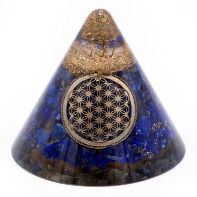Orgonietkegel lapis levensbloem met hangend kwarts - 90 mm, blauw-goud, glashars en metaalspaanders