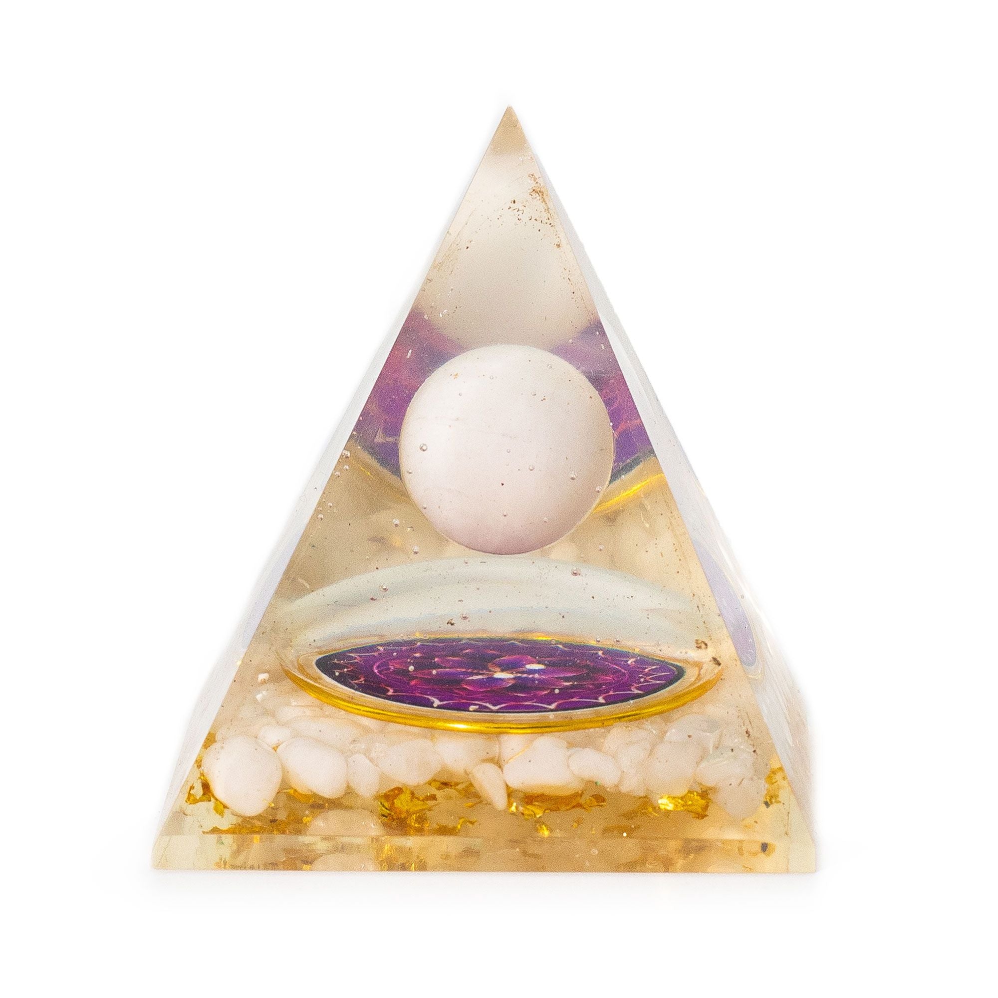Orgonietpiramide met witte kwartskogel 7x6 cm - natuurlijke kwartstukken en goudvlokken