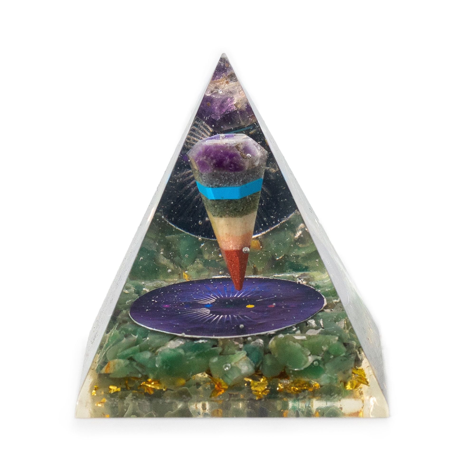 Middelgrote orgonietpiramide met pendel en groene aventurijnchips 7x6 cm