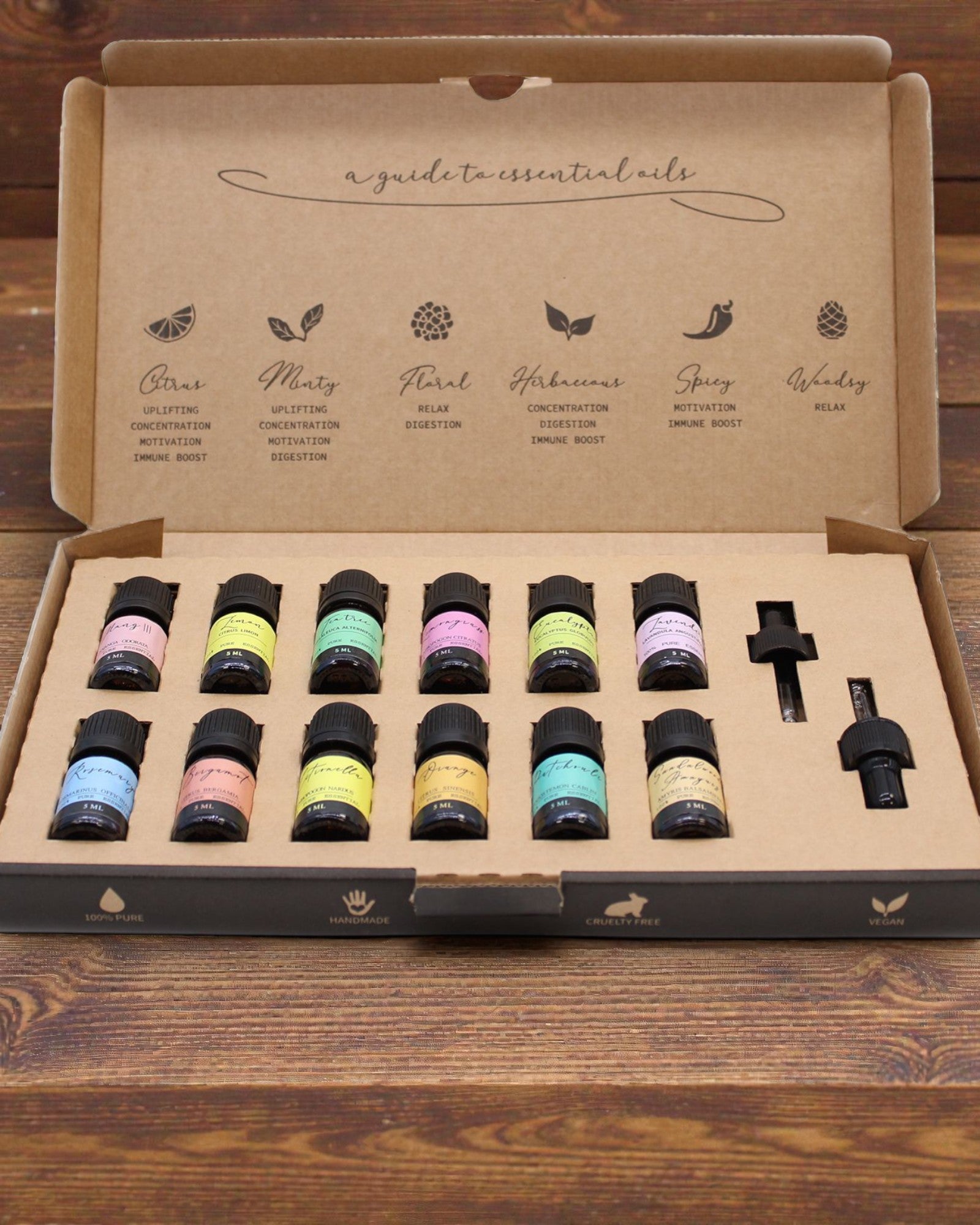 Essentie van de Wereld – Luxe set van 12 populairste essentiële oliën 5 ml met pipetten