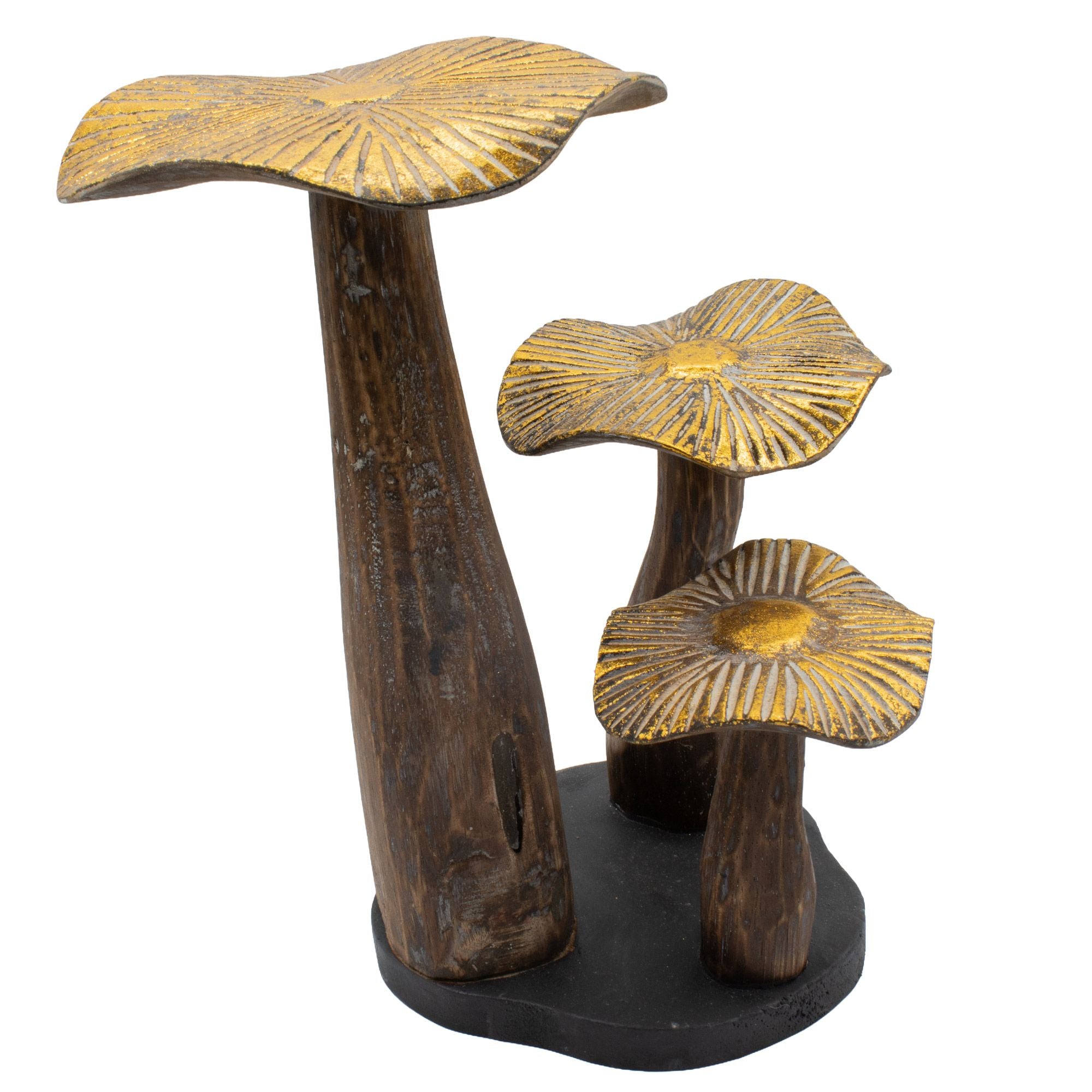 Grote gouden paddenstoelensculptuur 32 cm - Natuurlijk hout - Uniek decoratief element als cadeau - Bosrijke, rustieke en moderne stijl
