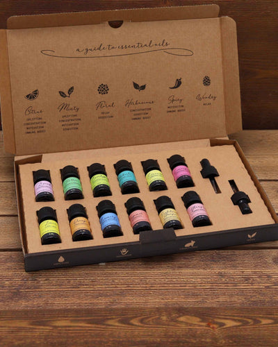 Essentie van de Wereld – Luxe set van 12 populairste essentiële oliën 5 ml met pipetten