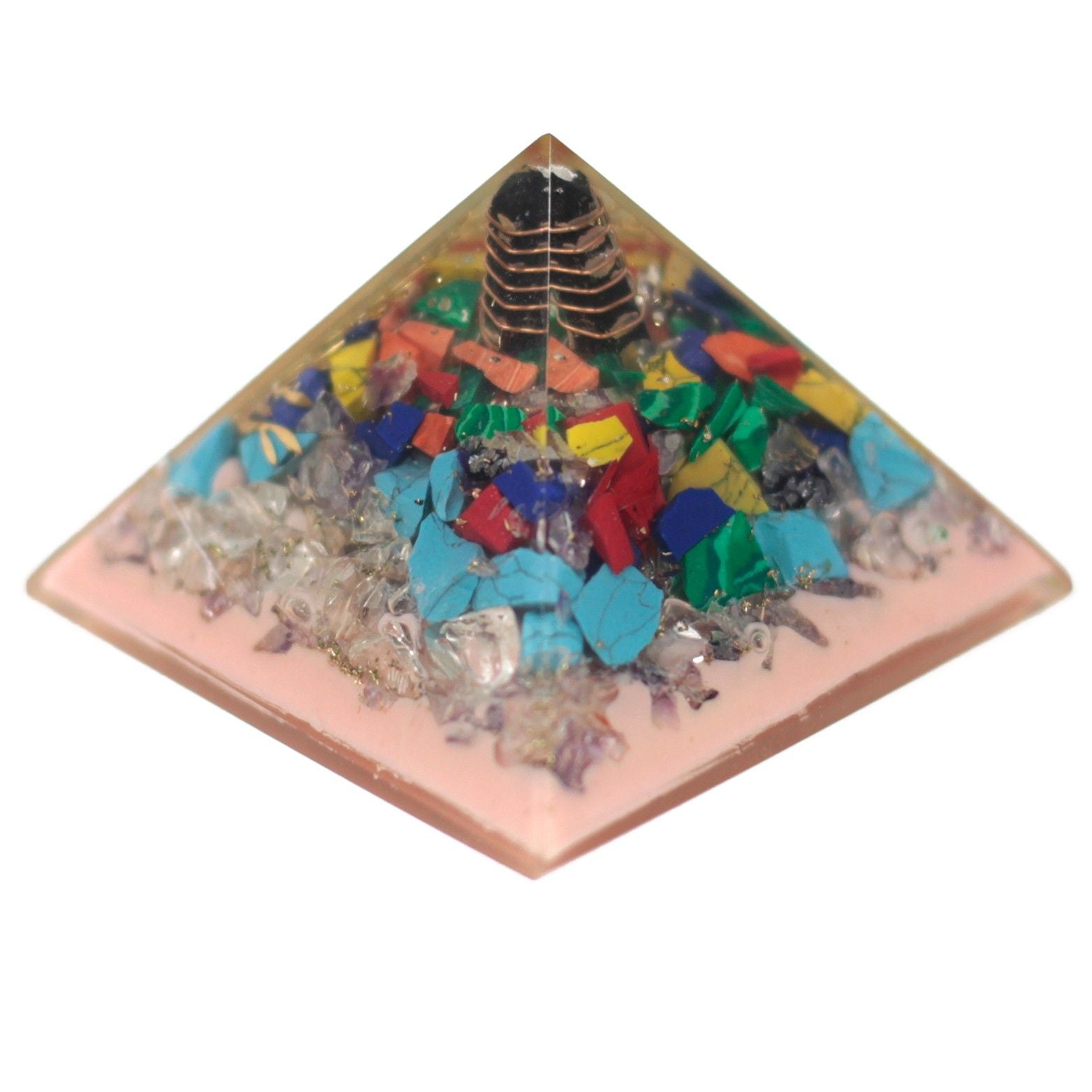 Orgonietpiramide 70mm - boom van edelstenen, koper en metalen inzetstukken