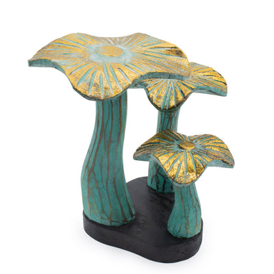 Kleine gouden artistieke paddenstoel 20 cm - Handgemaakt van hout in turquoise tinten