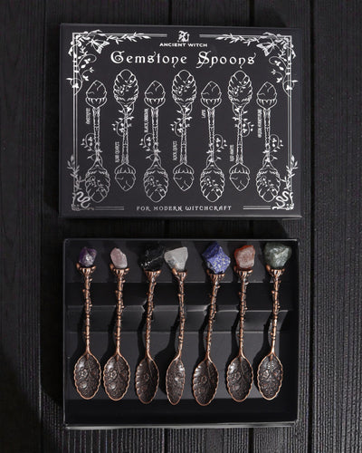 Arcana Aurea – Pakket van 7 bruine heksenlepeltjes met natuurlijke stenen